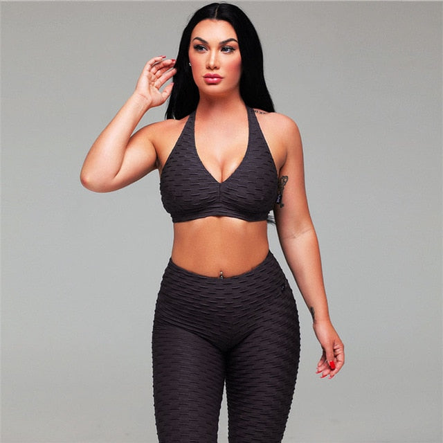 Women's sports yoga suit high waist hips leggings trousers backless yoga clothes gym workout fitness set sportswear 2 pieces
