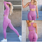 Lade das Bild in den Galerie-Viewer, Seamless Yoga Set Sport Outfits Women Pink Two 2 Piece Long Sleeve Crop Top Butt Leggings Workout Gym suit Fitness Sport Sets
