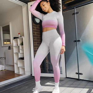 Women's Seamless Yoga Set Gym High Waist Leggings Shirts Top Suit Sportswear Set