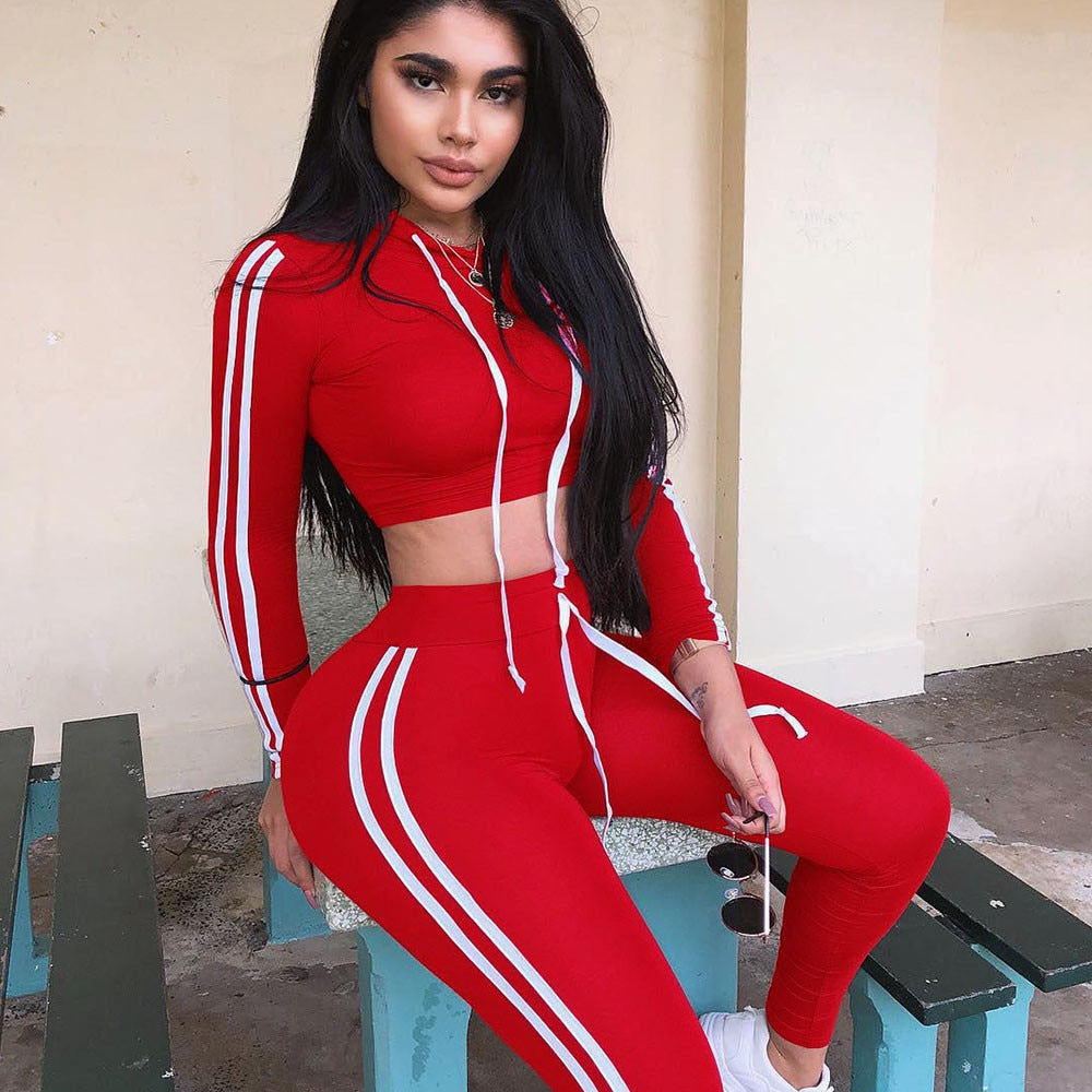 Women's 2 Piece Set Tracksuit Side Striped Hoodies Cropped Tops and Pants