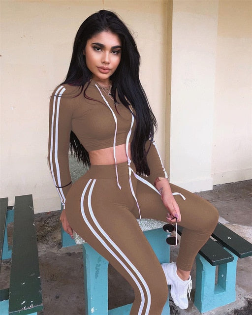 Women's 2 Piece Set Tracksuit Side Striped Hoodies Cropped Tops and Pants