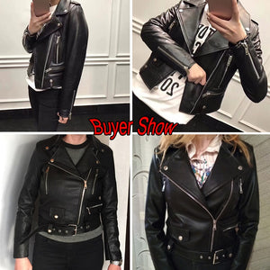 Gym Fitness Women's Jacket Long Sleeve casual Simulated Leather Zipper Turn-down Collar Motor Biker Jacket With Belt