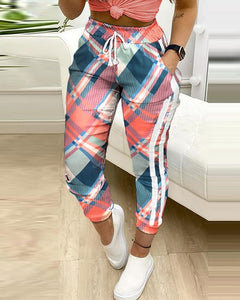 Women's Fashion Casual Pants Trousers  Plaid print Cargo Pants Autumn Fashion Pocket Design Drawstring Casual Pants