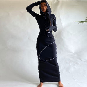 Women's Fashion Casual Outfits Long Sleeve Hooded Patchwork Maxi Dress