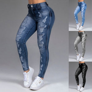 Women's High Waist Jeans Stretch Ripped  Denim  Elastic Trendy Pants