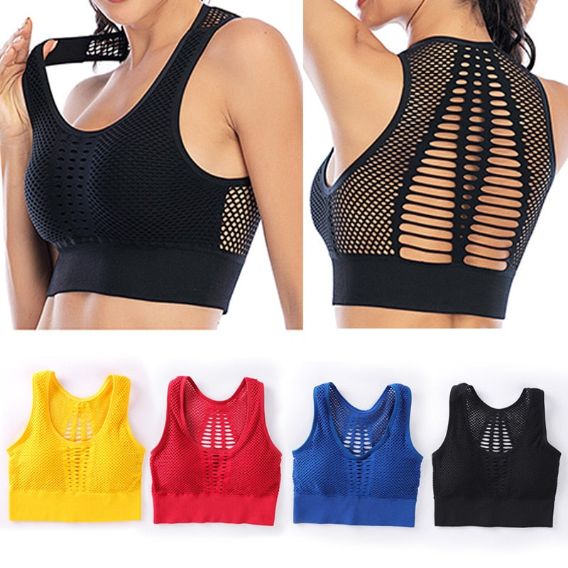 Women's Mesh Support Cross Back Wire free Removable Cups Sport Bra Tops Freedom Seamless Yoga Running Sports Bras