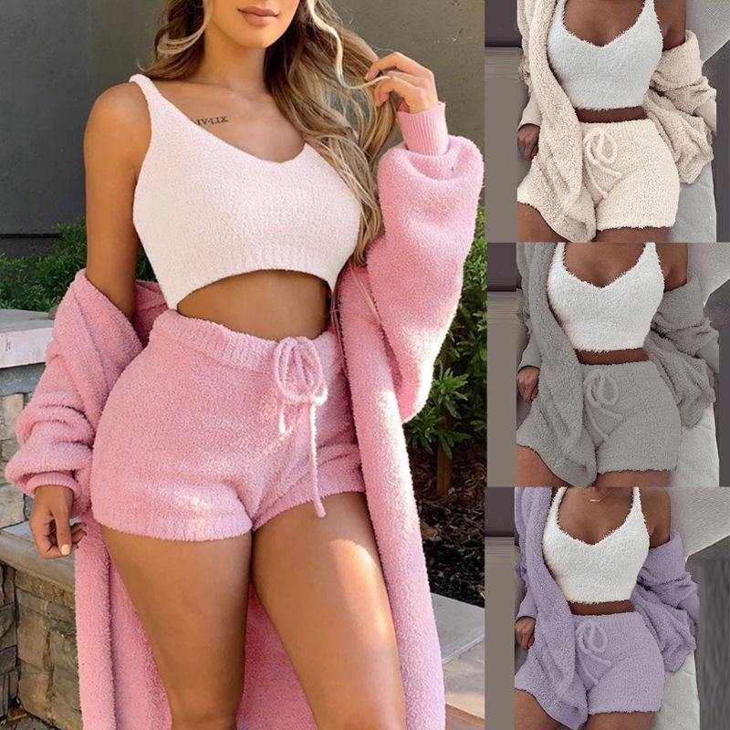 Gym Fitness Home Wear Suit Casual Pajamas Set Women's Soft Warm Long Sleeve Exposed Navel Vest Shorts 3 Pcs/set