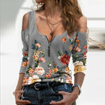 Charger l&#39;image dans la galerie, Women&#39;s Off Shoulder Leopard Long Sleeve Blouse V-Neck Zipper Shirt Pullover
