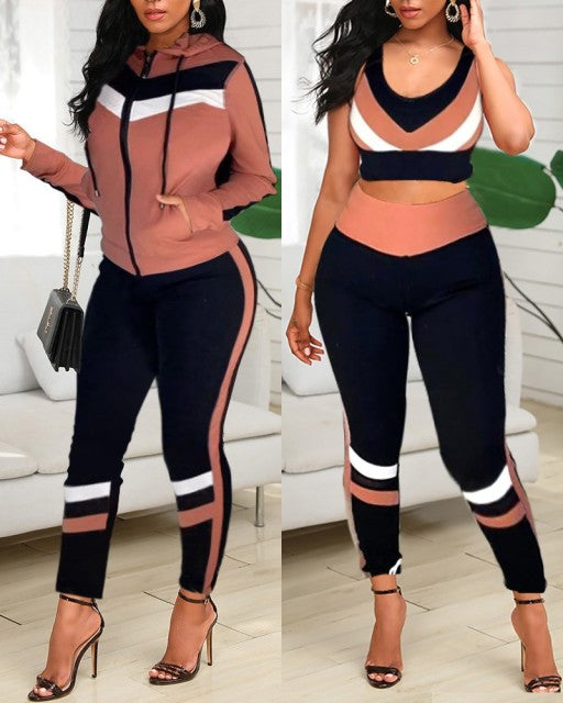 Women's Crop Top & High Waist Pants & Hooded Set Casual 3 Piece Workout Set Gym Fitness Outfits