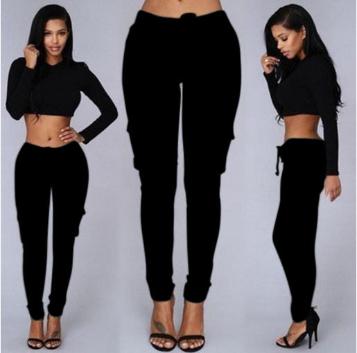 Gym Fitness Women's Lace Up Waist Pants Solid Pencil Pants Multi-Pockets Trousers