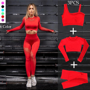 Seamless Yoga Set Sport Outfits Women's Hollow Long Sleeve Crop top Leggings Workout Wear Gym Suit Fitness Sets