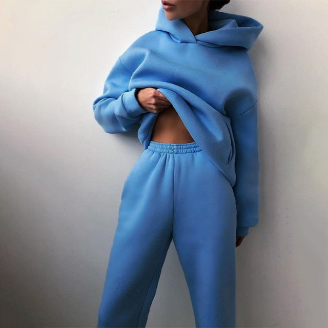 Gym Fitness Elegant Solid Sets For Women Warm Hoodie Sweatshirts And Long Pant Fashion Two Piece Sets