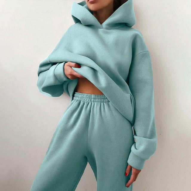 Gym Fitness Elegant Solid Sets For Women Warm Hoodie Sweatshirts And Long Pant Fashion Two Piece Sets