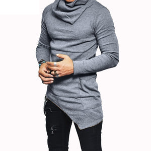 Gym Fitness Solid Men's  Long Sleeve Sweatshirt Turtleneck Top Hoodie Hem Pocket