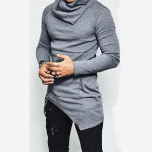 Gym Fitness Solid Men's  Long Sleeve Sweatshirt Turtleneck Top Hoodie Hem Pocket