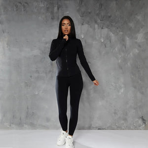 Gym Fitness Yoga sportswear Long-sleeved top cover gym training suit running tight leggings fitness 2-piece Set