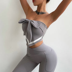 Gym Fitness Yoga sportswear Women's Fitness Workout  Off Shoulder Yoga Shirt Vest Crop Top Gym Scrunch Leggings