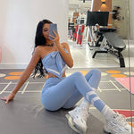 Lade das Bild in den Galerie-Viewer, Gym Fitness Yoga sportswear Women&#39;s Fitness Workout  Off Shoulder Yoga Shirt Vest Crop Top Gym Scrunch Leggings
